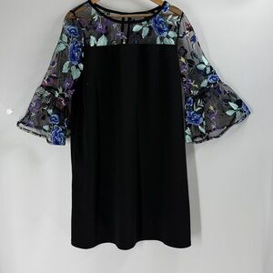 Roz & Ali black sheath dress embroidered shear jewel tones size 14
